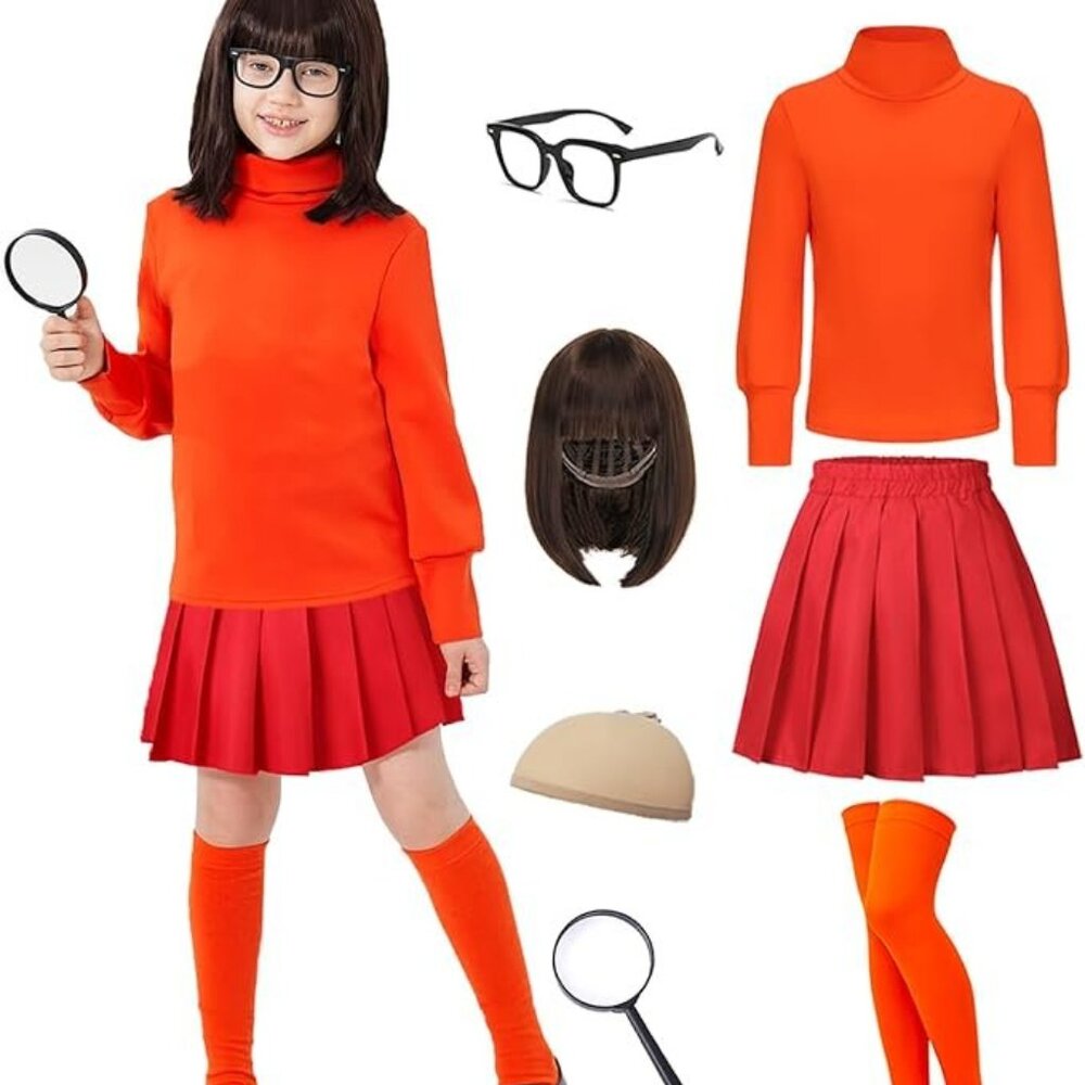 Look like Velma Costume (KidsLG) New! -Red Skirt Wig Magnifier Glasses Socks